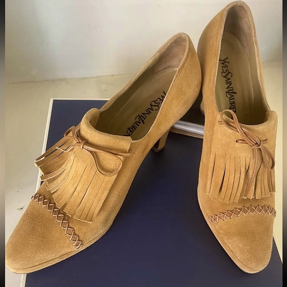 Yves Saint Laurent YSL Heels fringed Leather Suede Vintage Sz 8.5 M Camel